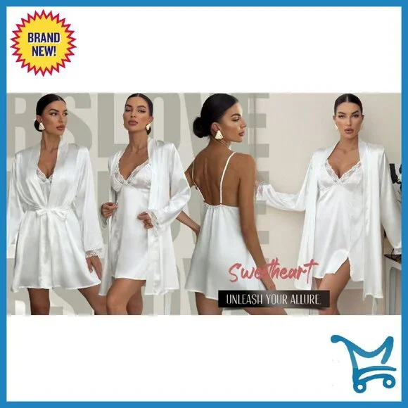 Satin Sleepwear Set Lace Cami Robe Silk Pajamas Women's Size M